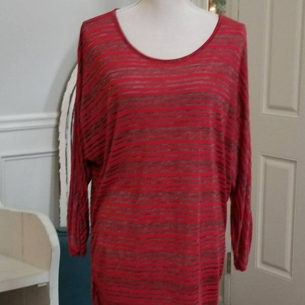 Tribal Red Silver Ruched Striped Sheer 3/4 Sleeve Top Large